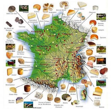 Francuskie sery z naniesionymi miejscami produkcji.