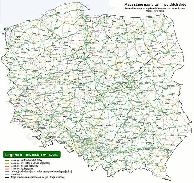 Mapa stanu nawierzchni dróg w Polsce (dane - grudzień 2016).