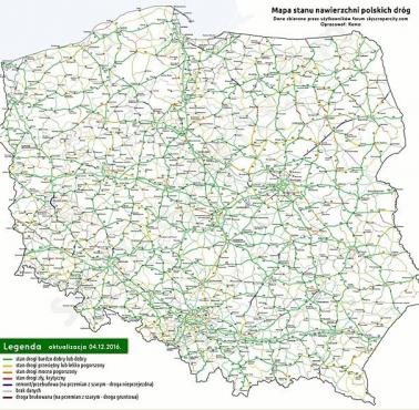 Mapa stanu nawierzchni dróg w Polsce (dane - grudzień 2016).