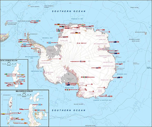 Antarktyda - około 30 państw utrzymuje stacje badawcze na kontynencie, sezonowe lub stale (w tym Polska).