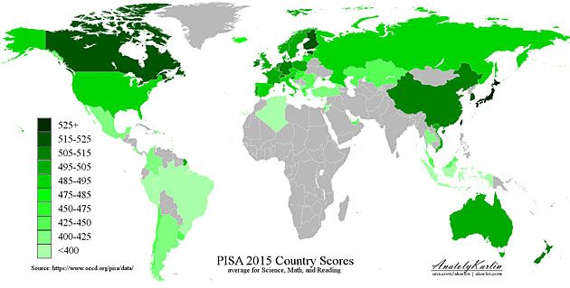 Wyniki PISA - ocena umiejętności uczniów, którzy ukończyli 15. rok życia (dane za 2015 rok).