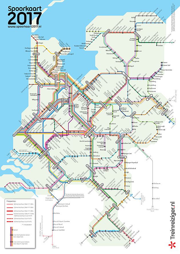 Mapa holenderskiej kolei (Nederlandse Spoorwegen, dane 2016)