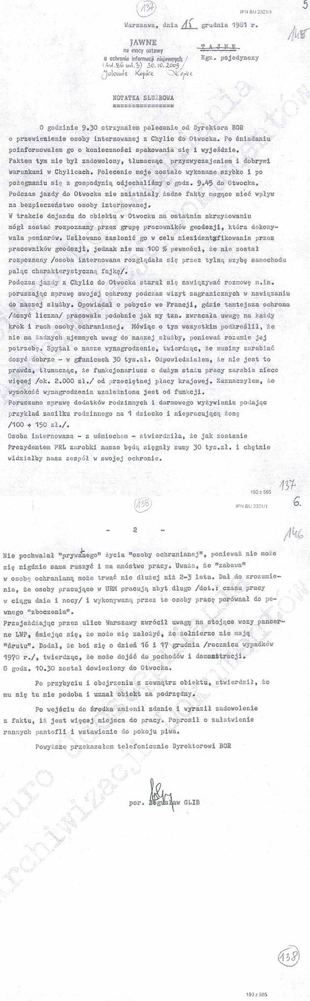 Notatka z 15 grudnia 1981 roku funkcjonariuszy UB zajmujących się internowanym Lechem Bolkiem Wałęsą.