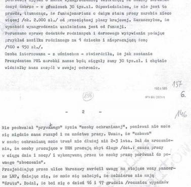 Notatka z 15 grudnia 1981 roku funkcjonariuszy UB zajmujących się internowanym Lechem "Bolkiem" Wałęsą.