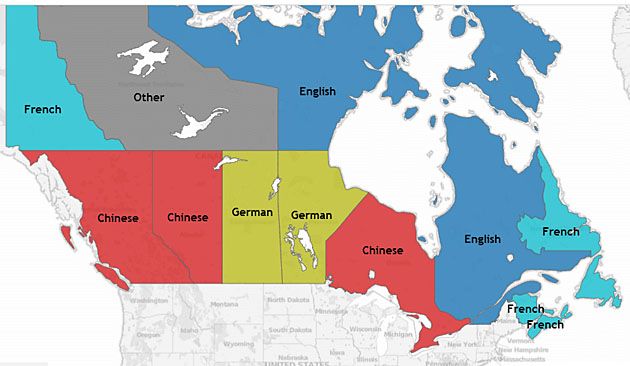 Najpopularniejszy drugi język w poszczególnych regionach Kanady.