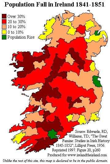 Mapa Wielkiego Głodu w Irlandii w latach 1841-51