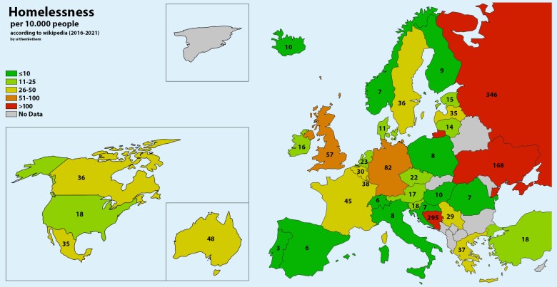 Odsetek bezdomnych na 10 tys. mieszkańców, Europa, Ameryka Pn, Australia, 2016-2021