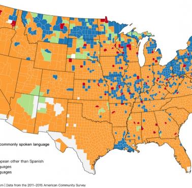 Najpopularniejszy drugi język w poszczególnych regionach USA, 2011-2015