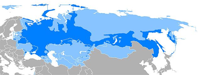 Obszary dominacji języka rosyjskiego i miejsca, gdzie tej dominacji na obszarach byłego ZSRR nie ma.