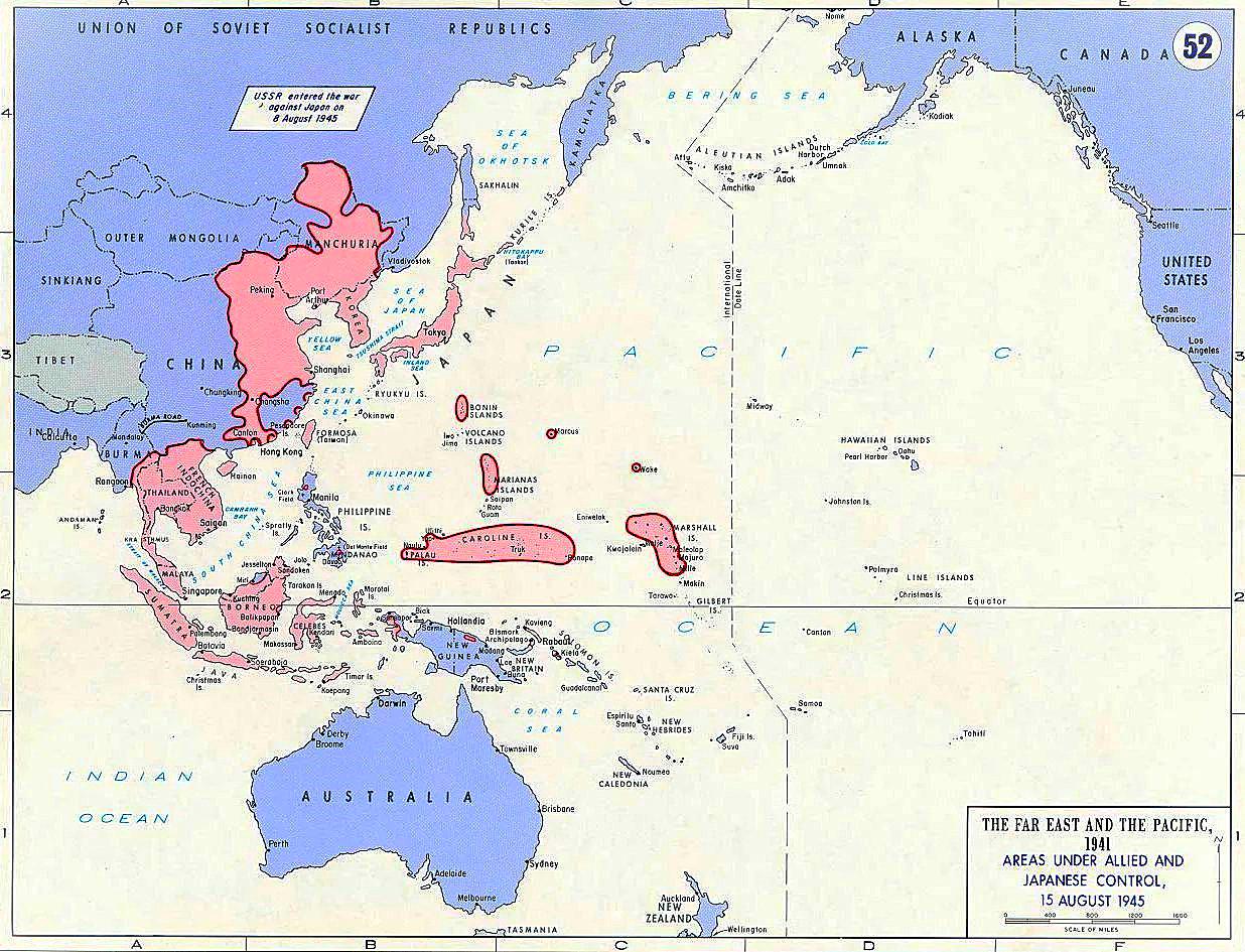 Obszary sprzymierzone lub objęte japońska kontrolą w dniu podpisaniu kapitulacji Japonii 15 sierpnia 1945.