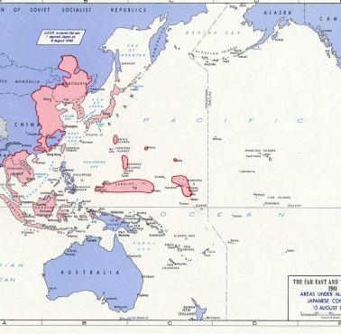 Obszary sprzymierzone lub objęte japońska kontrolą w dniu podpisaniu kapitulacji Japonii 15 sierpnia 1945.