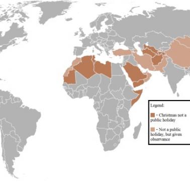 Mapa państw na świecie, w których Święta Bożego Narodzenia mają oficjalny państwowy charakter