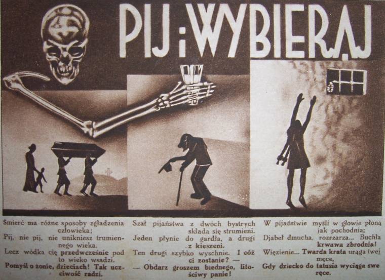 Antyalkoholowy plakat propagandowy z czasów PRL - Pij i wybieraj
