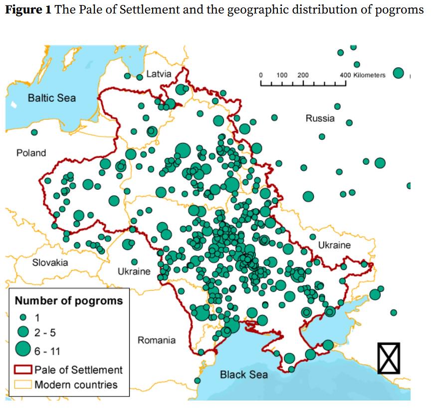 Rozkład geograficzny pogromów antysemickich na podstawie danych z Imperium Rosyjskiego z XIX i początku XX wieku