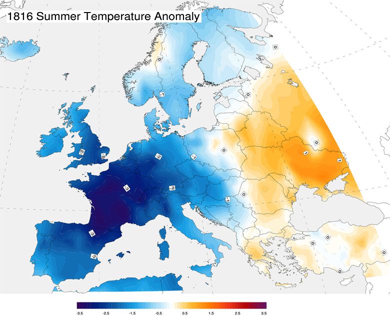 Anomalia temperatury roku 1816 względem okresu 1971-2000