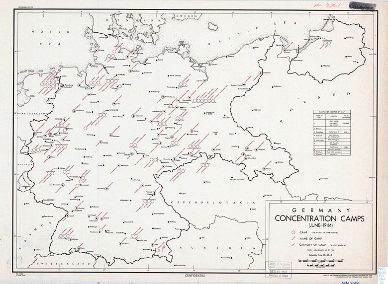 Opracowana przez CIA mapa obozów koncentracyjnych na terenie Niemiec w czerwcu 1944 roku. 