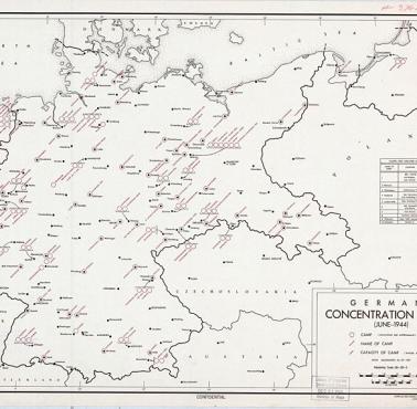 Opracowana przez CIA mapa obozów koncentracyjnych na terenie Niemiec w czerwcu 1944 roku. 