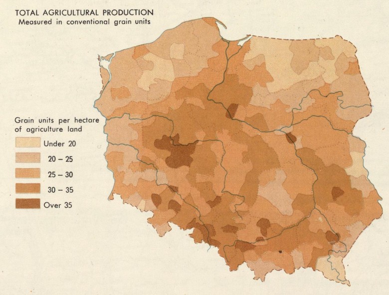 Mapa Polski z 1967 przedstawiająca produkcję rolną ogółem (w jednostkach zbożowych)
