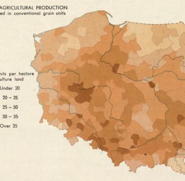 Mapa Polski z 1967 przedstawiająca produkcję rolną ogółem (w jednostkach zbożowych)