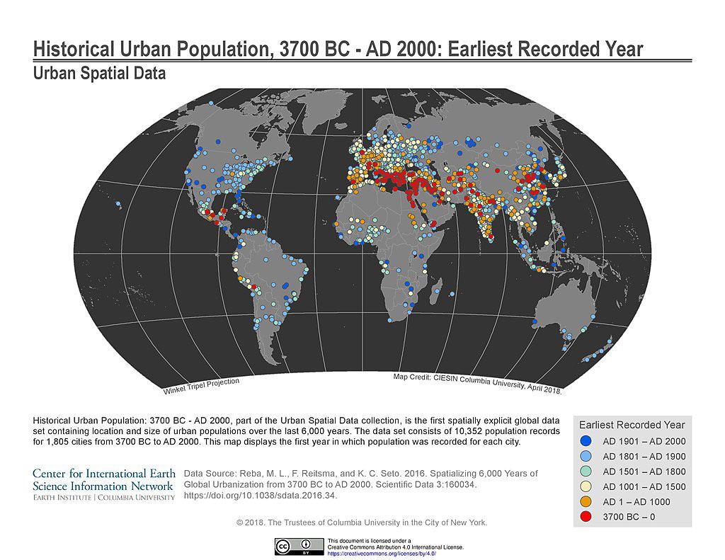 Historyczne rozmieszczenie ludności miejskiej od 3700 roku p.n.e. do 2000 roku n.e.