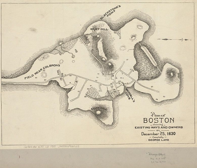 Mapa Bostonu w stanie Massachusetts z 1630 roku