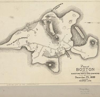 Mapa Bostonu w stanie Massachusetts z 1630 roku