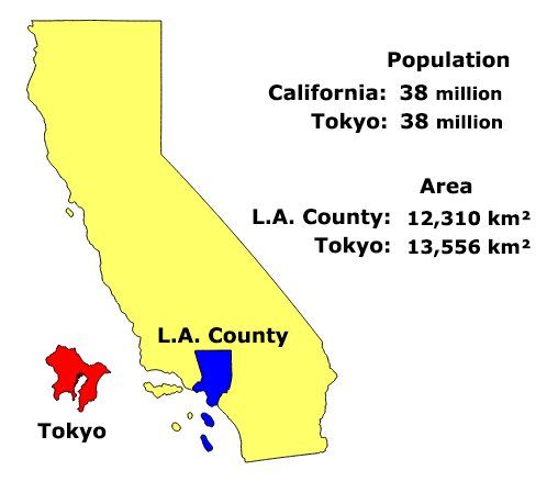 Porównanie obszaru metropolitarnego Tokio i całej Kalifornii