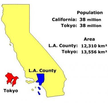 Porównanie obszaru metropolitarnego Tokio i całej Kalifornii