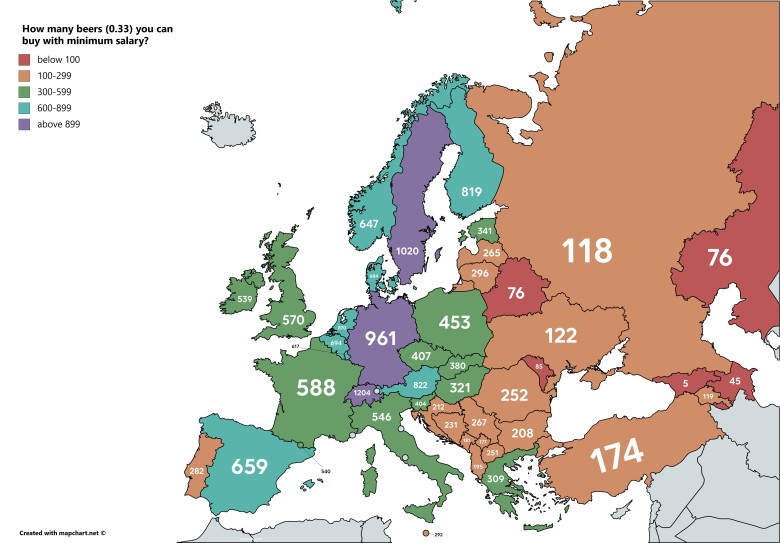 Ile piw można kupić za minimalną pensję w danym europejskim państwie