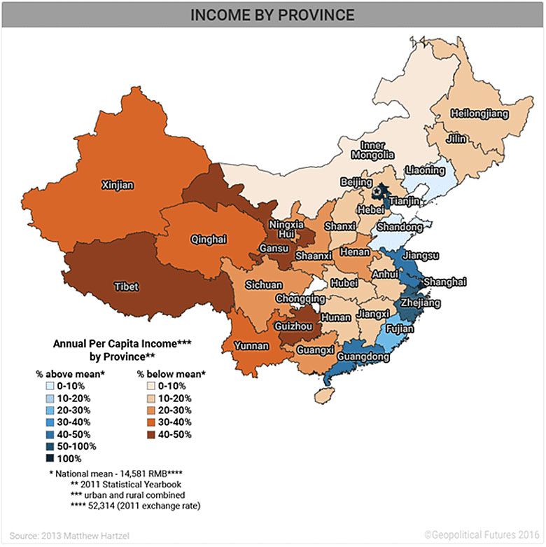 Zamożność poszczególnych chińskich prowincji