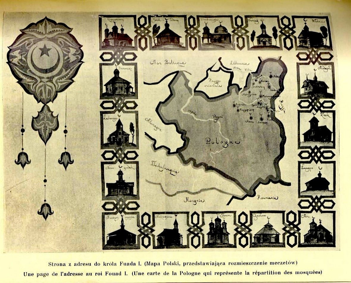 Mapa Polski z lokalizację tatarskich meczetów, 1932