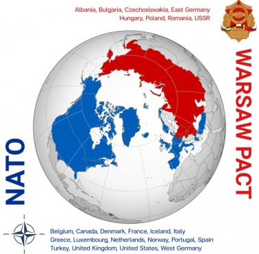 Członkowie NATO (kolor niebieski) i członkowie Układu Warszawskiego (kolor czerwony) w okresie zimnej wojny