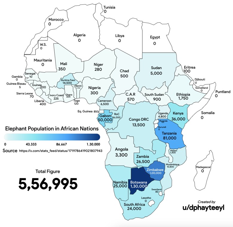 Populacja słoni w poszczególnych krajach Afryki