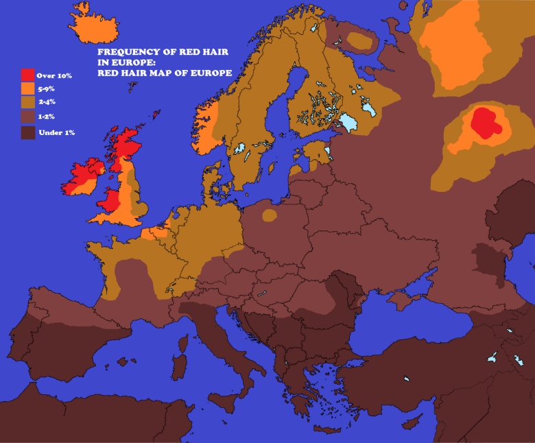 Częstotliwość występowania osób z rudymi włosami w Europie.