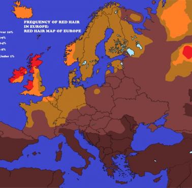 Częstotliwość występowania osób z rudymi włosami w Europie.