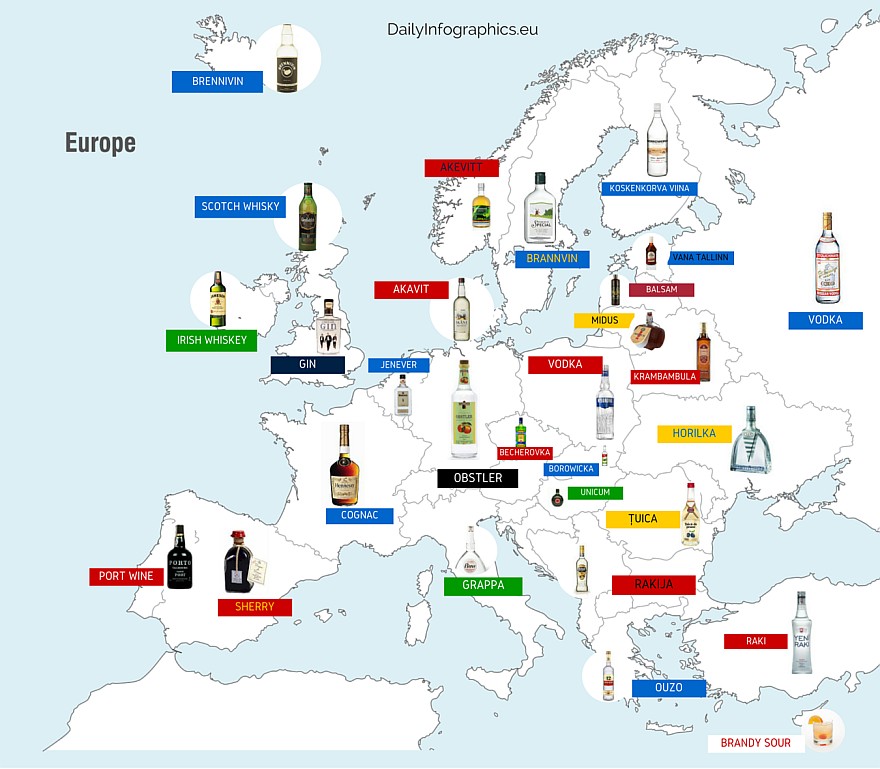 Mapa narodowych alkoholi w Europie według kraju