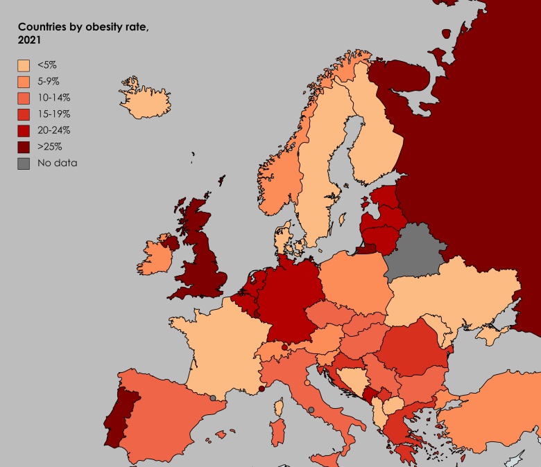 Współczynnik otyłości w Europie, 2021
