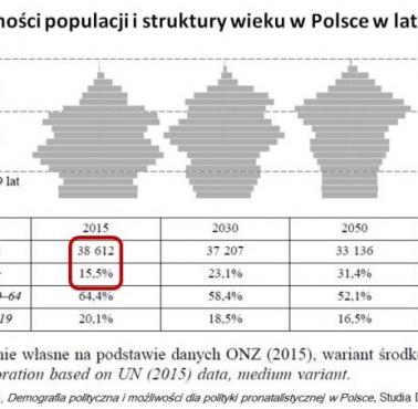 Zmiana liczebności populacji i struktury wieku w Polsce w latach 2015-2100 (dane ONZ)