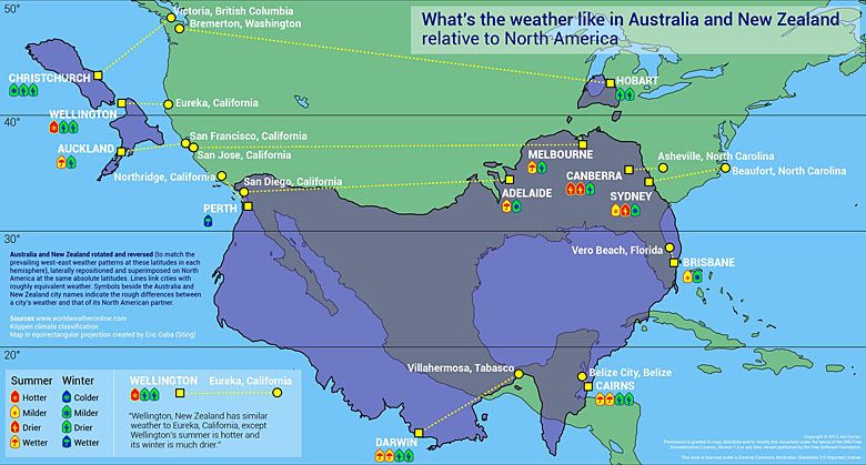 Klimat Nowej Zelandii i Australii naniesiony na mapę klimatyczną USA. 