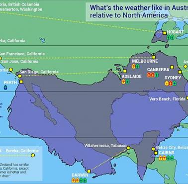Klimat Nowej Zelandii i Australii naniesiony na mapę klimatyczną USA. 