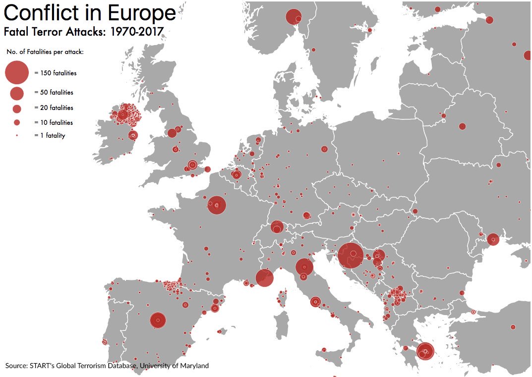 Mapa świata z naniesionymi atakam terrorystycznymi w Europie w latach 1970-2017