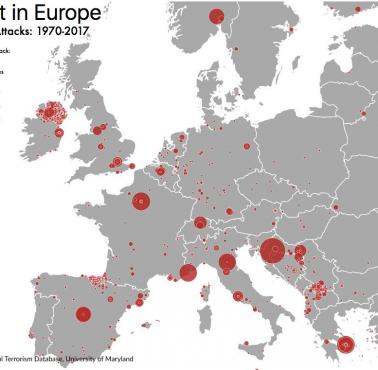 Mapa świata z naniesionymi atakam terrorystycznymi w Europie w latach 1970-2017