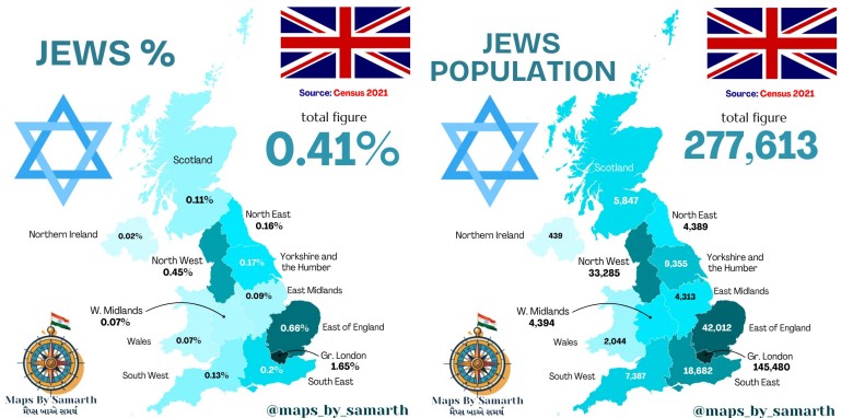Mapa religijna Wielkiej Brytanii. Żydzi na Wyspach Brytyjskich, 2021