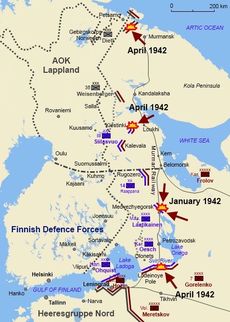 Sytuacja wokół Leningradu w 1942 roku. Kolor czerwony: Rosjanie, niebieski: Finowie, czarny: Niemcy