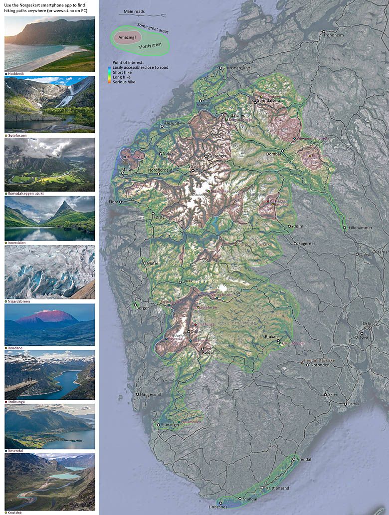 Mapa Norwegii z naniesionymi atrakcjami turystycznymi.