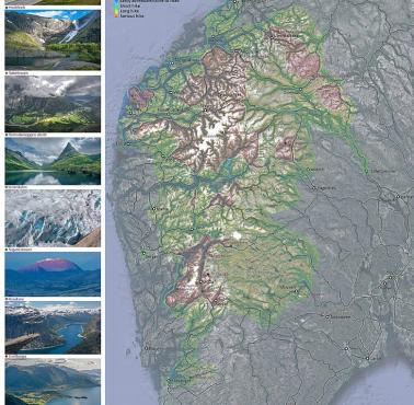 Mapa Norwegii z naniesionymi atrakcjami turystycznymi.