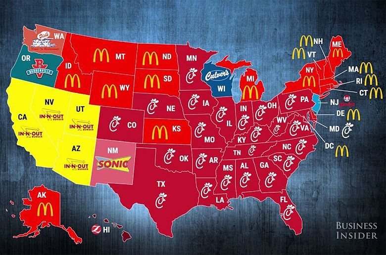 Mapa najpopularniejszych fast-foodów w USA