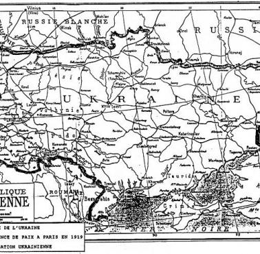Mapa wielkiej Ukrainy zaprezentowana przez ukraińskich przedstawicieli w Paryżu w 1919 roku.