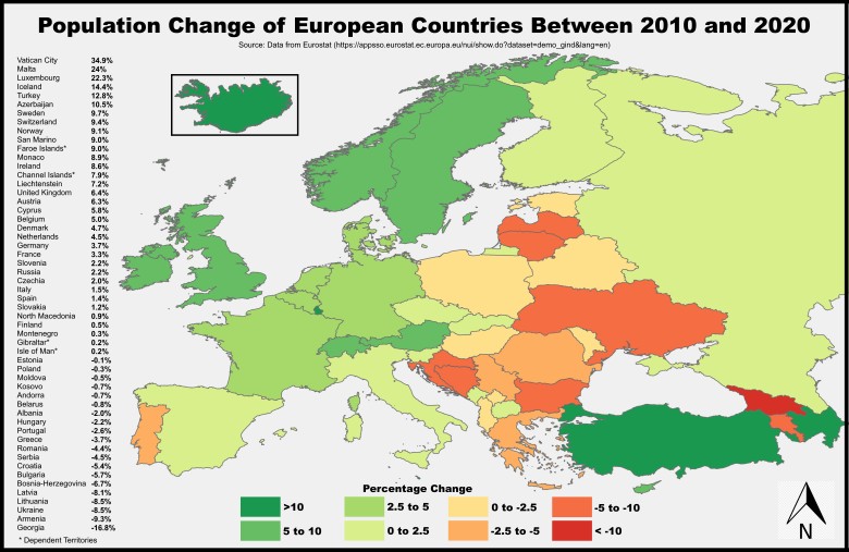 Zmiana liczby ludności w krajach europejskich w latach 2010-2020