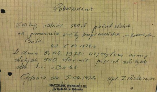 Pokwitanie odbioru pieniędzy przez TW Bolka